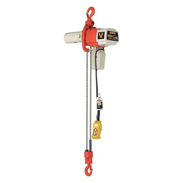 Electric Chain Hoist, 1,000 lb, 20 ft, Hook Mounted - No Trolley, White and Orange