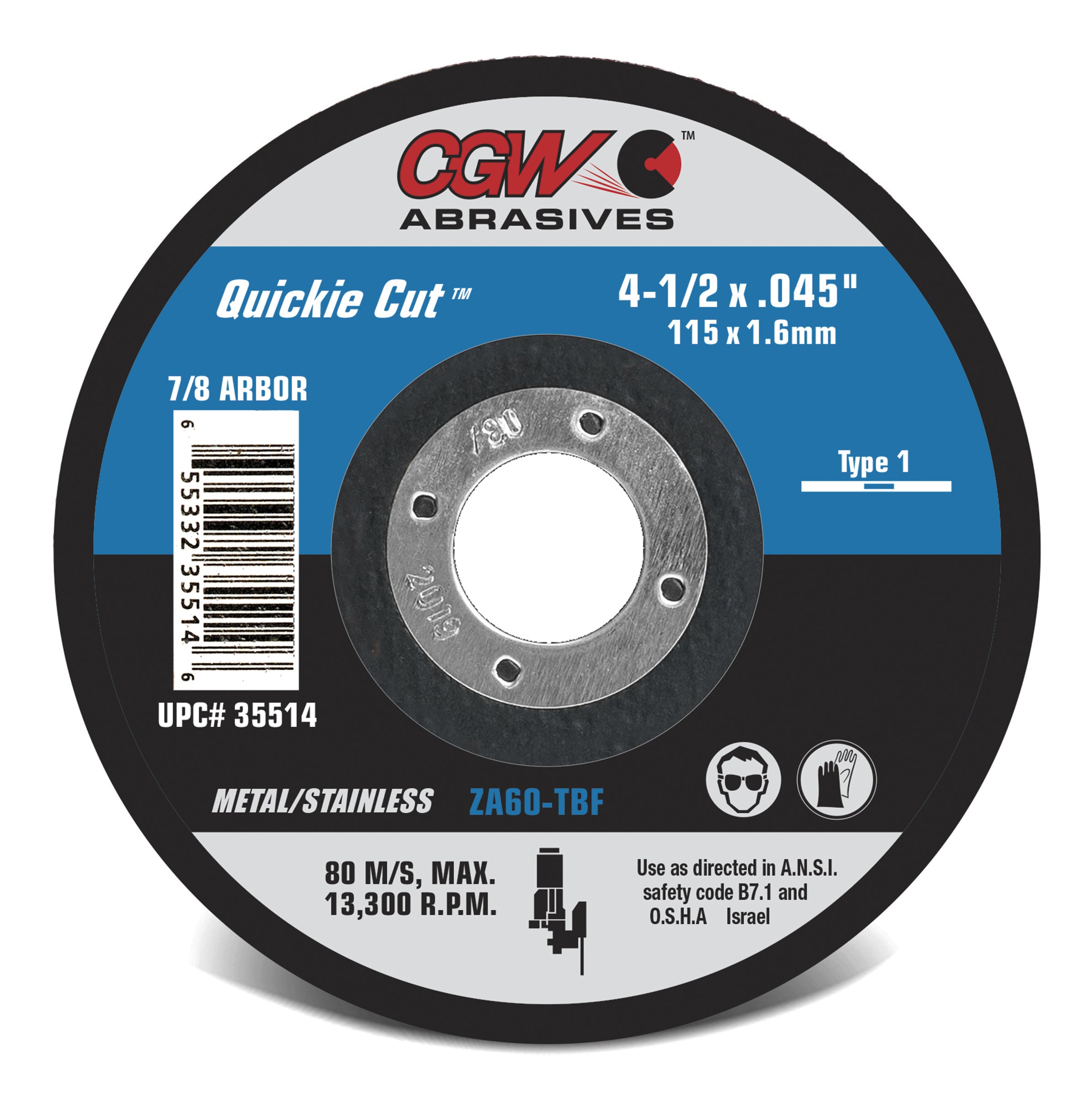 CGW ABRASIVE, Type 1, Aluminum Oxide Cutoff Wheels Mandrel 3x1/8x3/8 T1 A24-r-bf.
