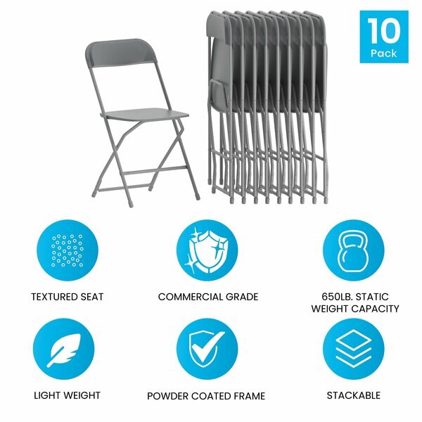 Hercules Series Plastic Folding Chair Grey - 10 Pack 650LB Weight Capacity Comfortable Event Chair-Lightweight Folding Chair