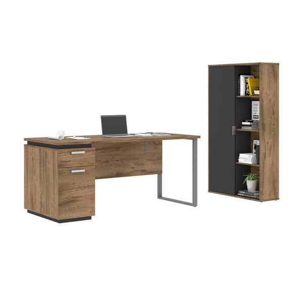 Aquarius 2-Piece Computer Desk and Bookcase, Rustic Brown/Graphite