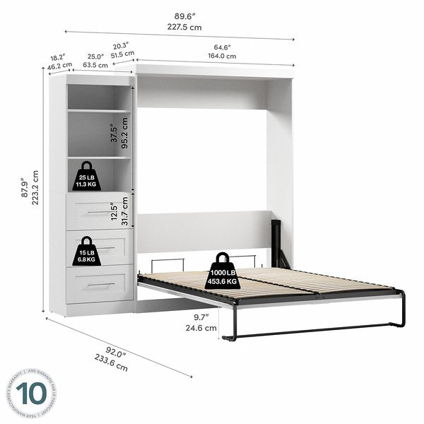 Queen Wall Bed Kit, Pur, 3Drwr, White, 90