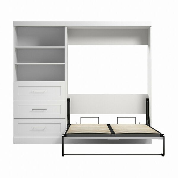 Bestar Pur Full Murphy Bed and Shelving Unit with Drawers (95W) in White