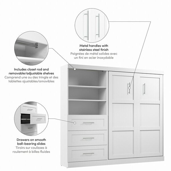 Bestar Pur Full Murphy Bed and Shelving Unit with Drawers (95W) in White
