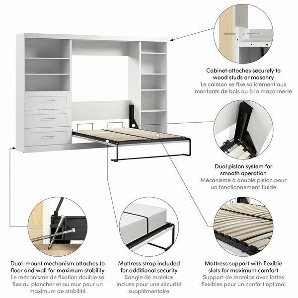 Bestar Pur Full Murphy Bed with Shelving and Drawers (120W) in White