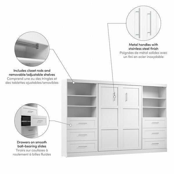 Bestar Pur Full Murphy Bed and 2 Shelving Units with Drawers (131W) in White