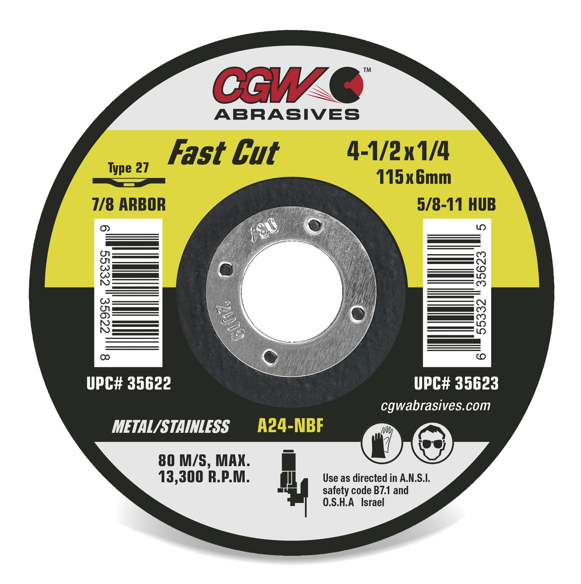 CGW ABRASIVE, Depressed Center Grinding Wheel, T27, 4-1/2" X 1/4" X 5/8-11" A24r For Metal, 13,300 Rpm.