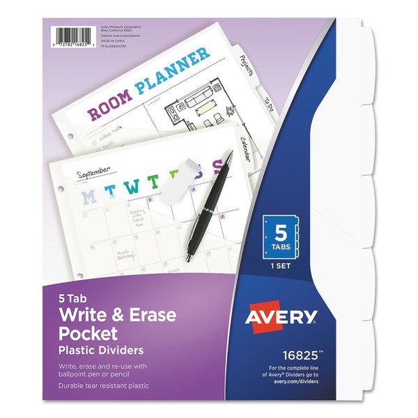 Write & Erase Plastic Dividers w/Pocket, 5-Tab, 9.25