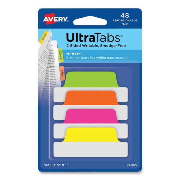 Ultra Tabs Repositionable Tabs, 2.5 x 1, Assorted Neon, PK48