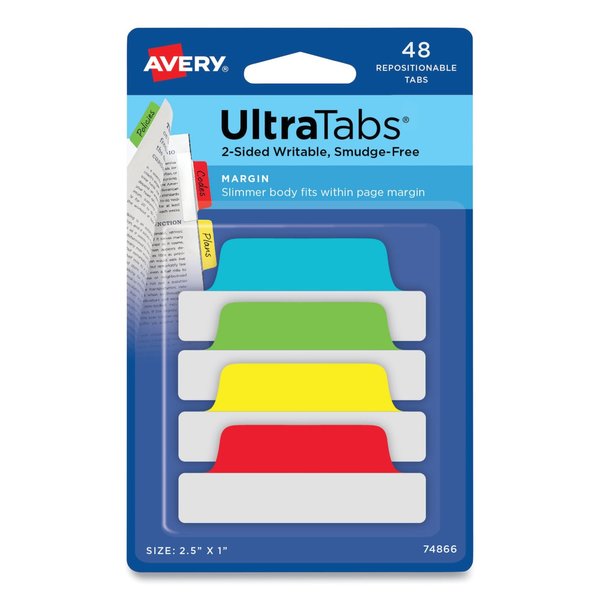 Ultra Tabs Repositionable Tabs, 2.5 x 1, Assorted Primary, PK48
