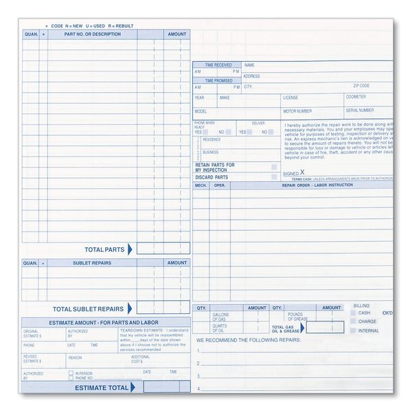 Auto Repair Form, 4 Part Carbonless, PK50