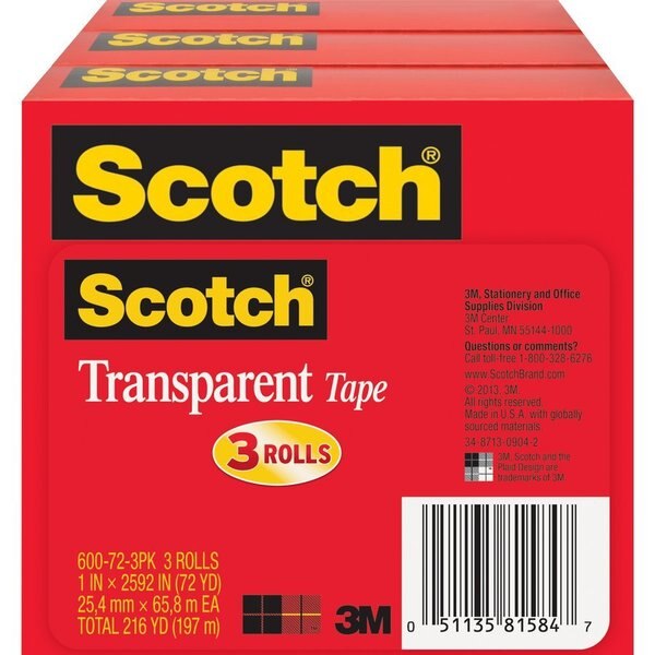 Transparent Tape, 1 x 2592 in., PK3