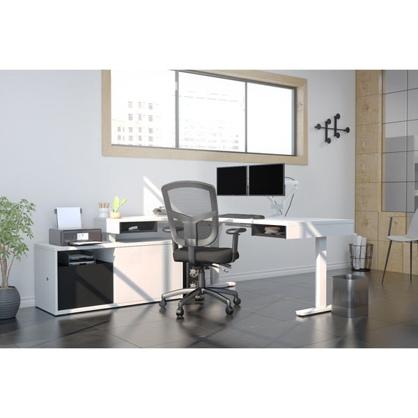 Pro-Vega Height Adjustable L-Desk, Dual Monitor Arm, White/Black
