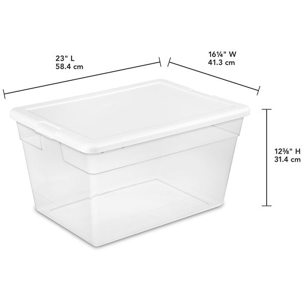 Storage Tote, Clear/White, Plastic, 23 in L, 16 1/4 in W, 12 3/8 in H, 14.0 gal Volume Capacity