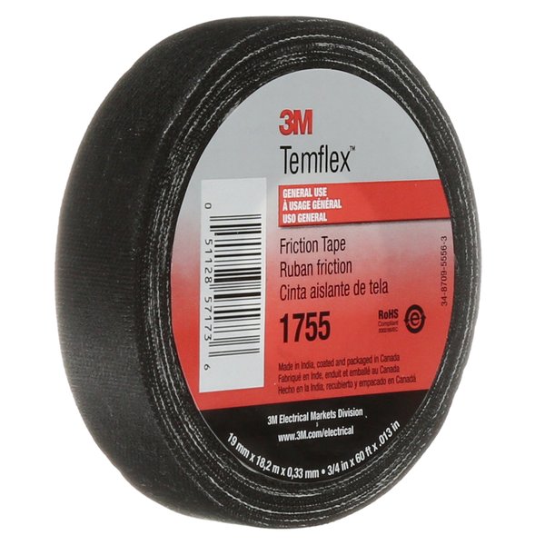 Cloth Friction Tape, 1755, Temflex, 3/4 in W x 60 ft L, 13 mil thick, Black, 1 Pack