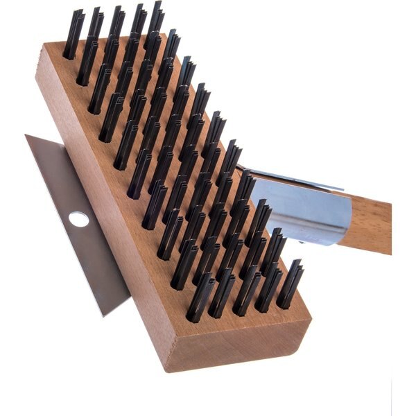 Oven/Grill Brush, Scrapr/Flat Stl Bristle, Natural, Hardwood