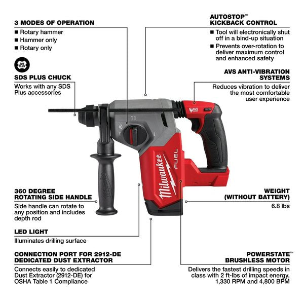 M18 FUEL Rotary Hammer, Cordless, 1 in, 18V, Pistol-Grip, Tool-Only