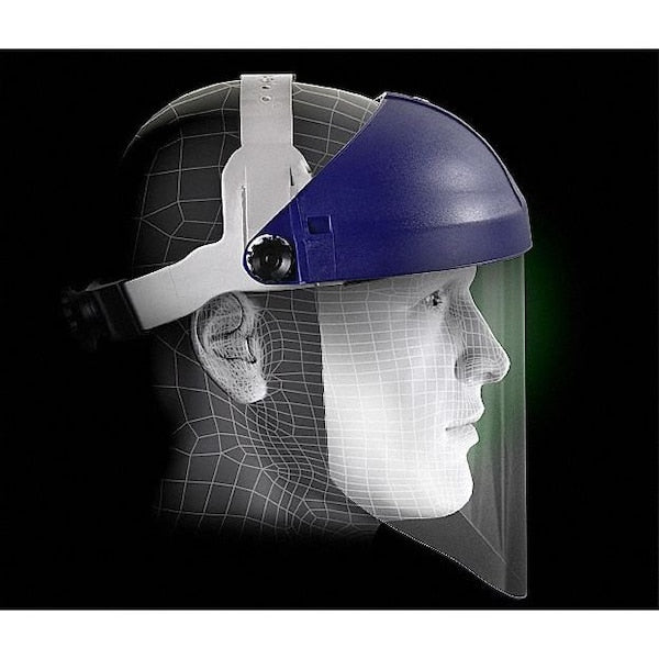 Ratchet Headgear with Clear Polycarbonate Faceshield, Uncoated, 9 in Visor Height, Blue