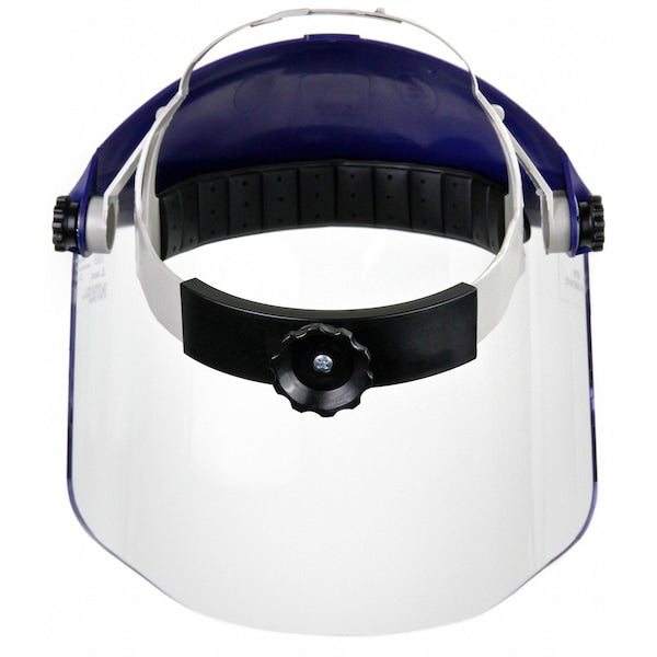 Ratchet Headgear with Clear Polycarbonate Faceshield, Uncoated, 9 in Visor Height, Blue