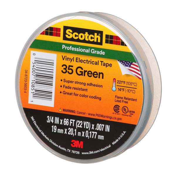 Vinyl Electrical Tape, 35, Scotch, 3/4 in W x 66 ft L, 7 mil thick, Green, 1 Pack