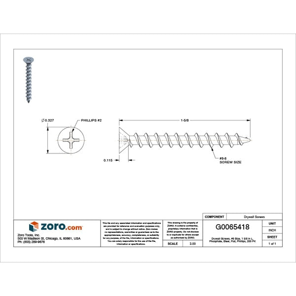 Drywall Screw, #8 x 1-5/8 in, Steel, Flat Head Phillips Drive, 200 PK