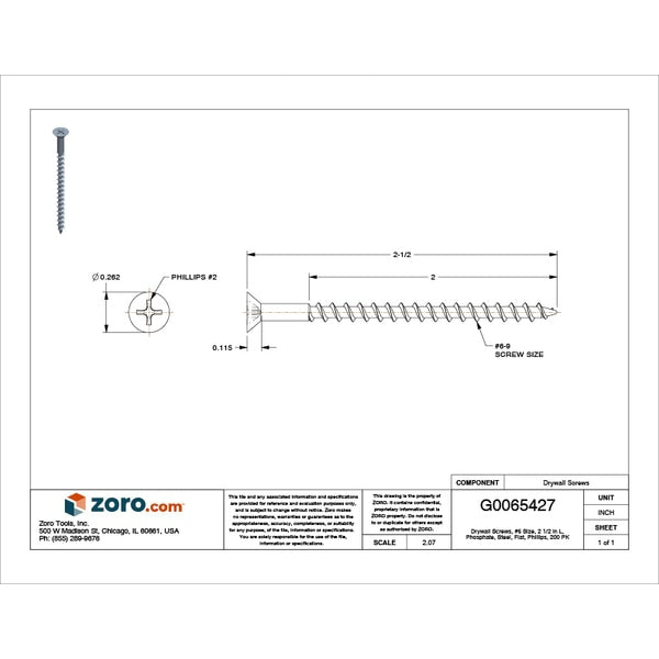 Drywall Screw, #6 x 2-1/2 in, Steel, Flat Head Phillips Drive, 200 PK