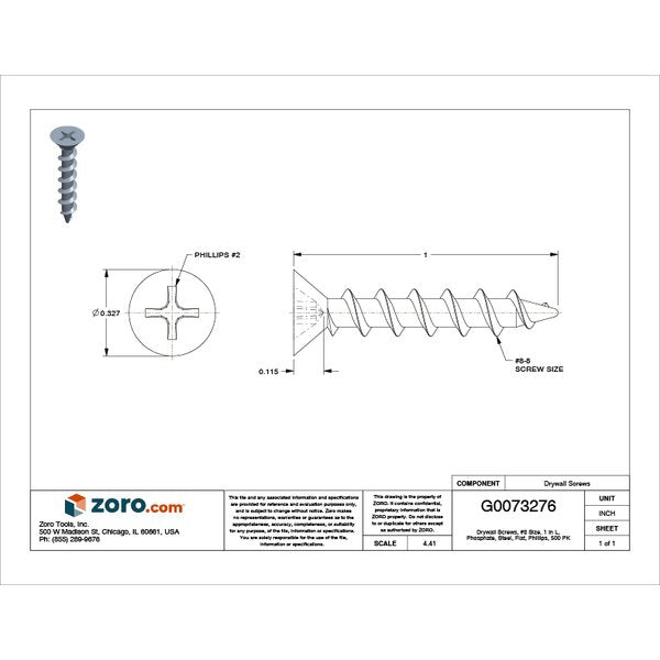 Drywall Screw, #8 x 1 in, Steel, Flat Head Phillips Drive, 500 PK