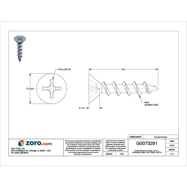 Drywall Screw, #6 x 3/4 in, Steel, Flat Head Phillips Drive, 500 PK