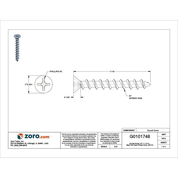 Drywall Screw, #7 x 1-1/4 in, Steel, Flat Head Phillips Drive, 500 PK