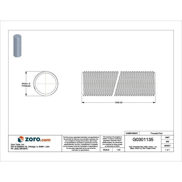 Fully Threaded Rod, M24-1.5mm, 1 m, Steel, Class 4.8, Zinc Plated Finish
