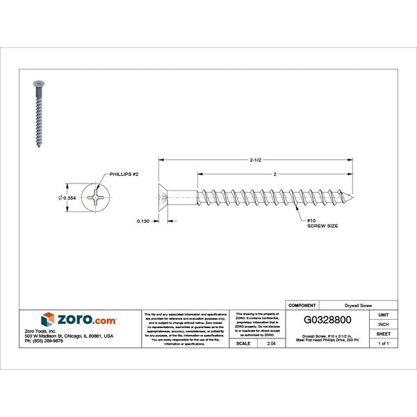 Drywall Screw, #10 x 2-1/2 in, Steel, Flat Head Phillips Drive, 200 PK