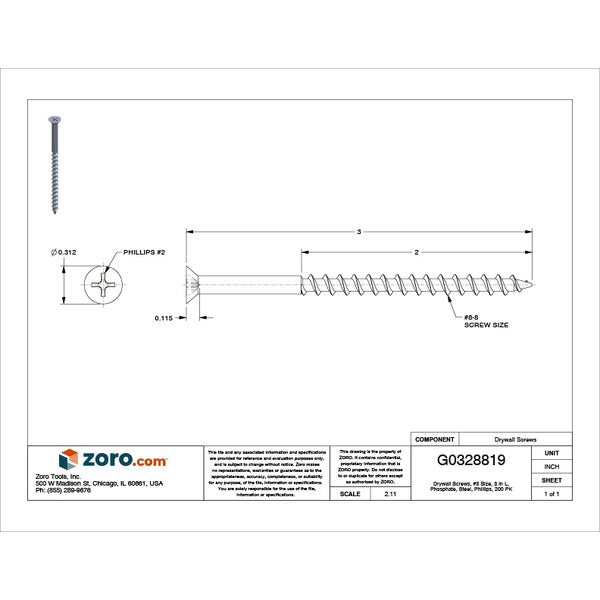 Drywall Screw, #8 x 3 in, Steel, Phillips Drive, 200 PK