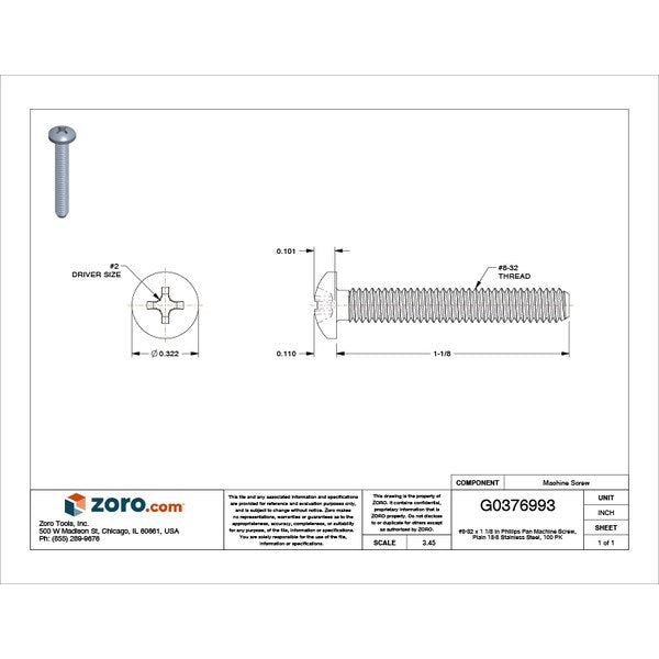 #8-32 x 1-1/8 in Phillips Pan Machine Screw, Plain 18-8 Stainless Steel, 100 PK