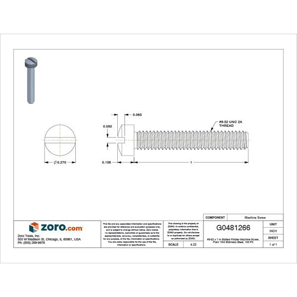 #8-32 x 1 in Slotted Fillister Machine Screw, Plain 18-8 Stainless Steel, 100 PK
