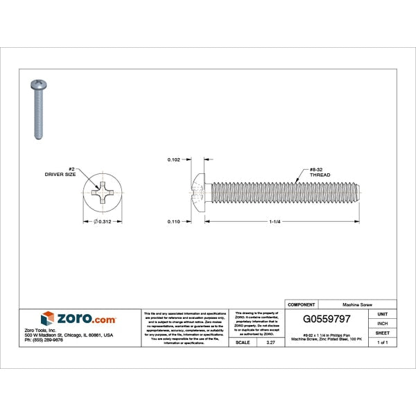#8-32 x 1-1/4 in Phillips Pan Machine Screw, Zinc Plated Steel, 100 PK