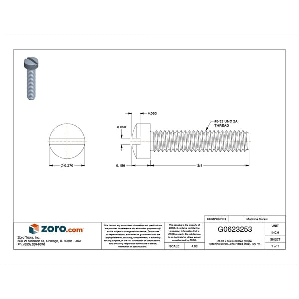 #8-32 x 3/4 in Slotted Fillister Machine Screw, Zinc Plated Steel, 100 PK