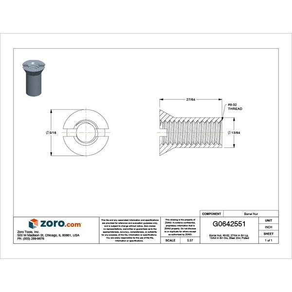 Barrel Nut, #8-32, 27/64 in Brl Lg, 13/64 in Brl Dia, Steel Zinc Plated
