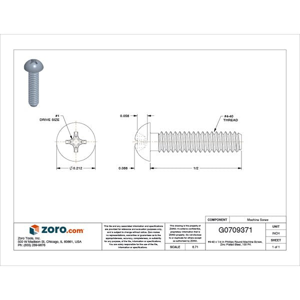 #4-40 x 1/4 in Phillips Round Machine Screw, Zinc Plated Steel, 100 PK