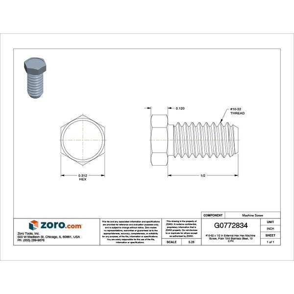 #10-32 x 1/2 in Hex Hex Machine Screw, Plain 18-8 Stainless Steel, 100 PK