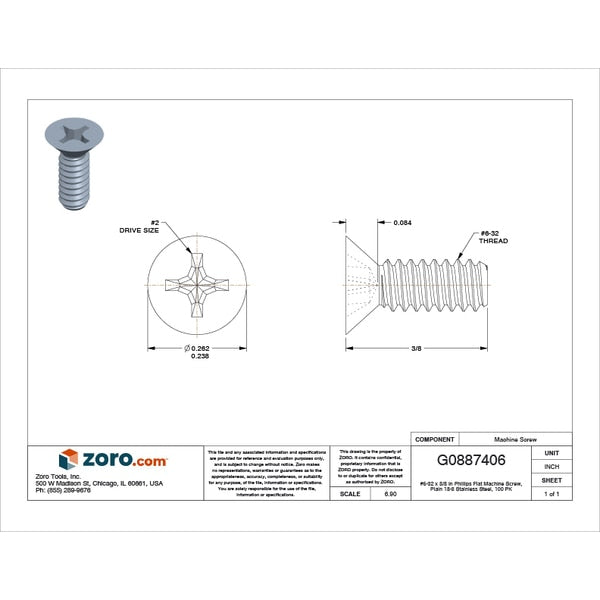 #6-32 x 3/8 in Phillips Flat Machine Screw, Plain 18-8 Stainless Steel, 100 PK