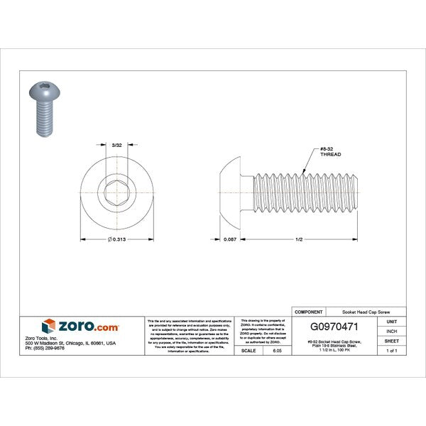 #8-32 Socket Head Cap Screw, Plain 18-8 Stainless Steel, 1/2 in Length, 100 PK