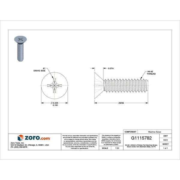 #4-40 x 29/64 in Phillips Flat Machine Screw, Black Oxide 18-8 Stainless Steel, 50 PK
