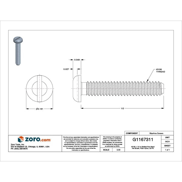 #2-56 x 1/2 in Slotted Pan Machine Screw, Plain Nylon, 50 PK