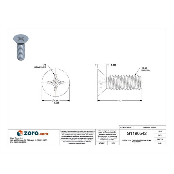 #8-32 x 1/2 in Phillips Flat Machine Screw, Plain Stainless Steel, 100 PK