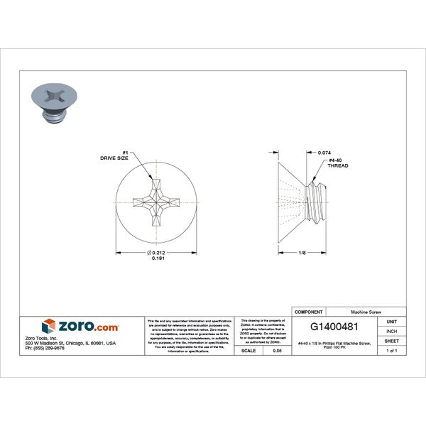 #4-40 x 1/8 in Phillips Flat Machine Screw, Plain 18-8 Stainless Steel, 100 PK