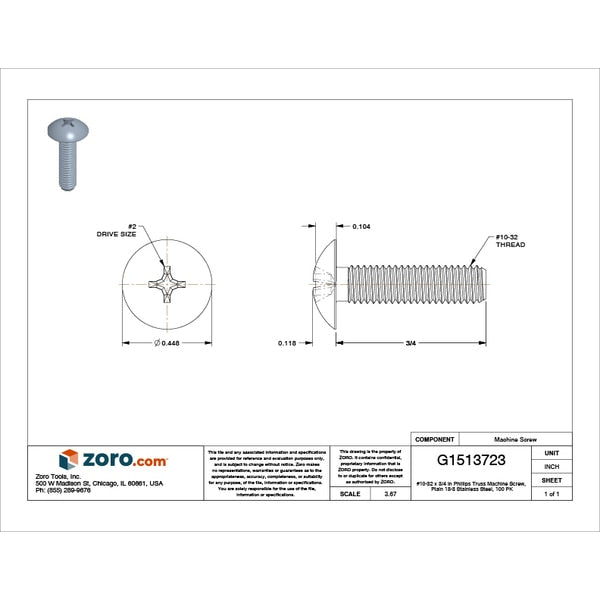#10-32 x 3/4 in Phillips Truss Machine Screw, Plain 18-8 Stainless Steel, 100 PK