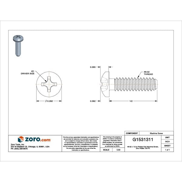#6-32 x 1/2 in Phillips Pan Machine Screw, Zinc Plated Steel, 100 PK
