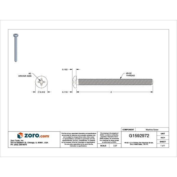#8-32 x 2 in Phillips Pan Machine Screw, Zinc Plated Steel, 100 PK