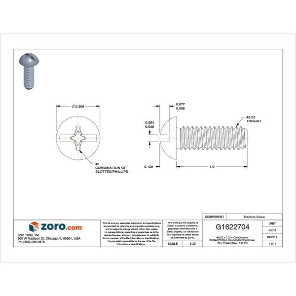 #8-32 x 1/2 in Combination Phillips/Slotted Round Machine Screw, Zinc Plated Steel, 100 PK