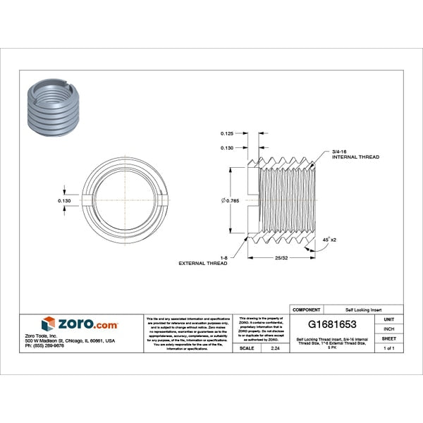 Heavy Wall Self Locking Thread Insert, 3/4