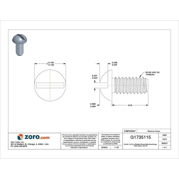 #2-56 x 3/16 in Slotted Round Machine Screw, Plain Nylon, 50 PK